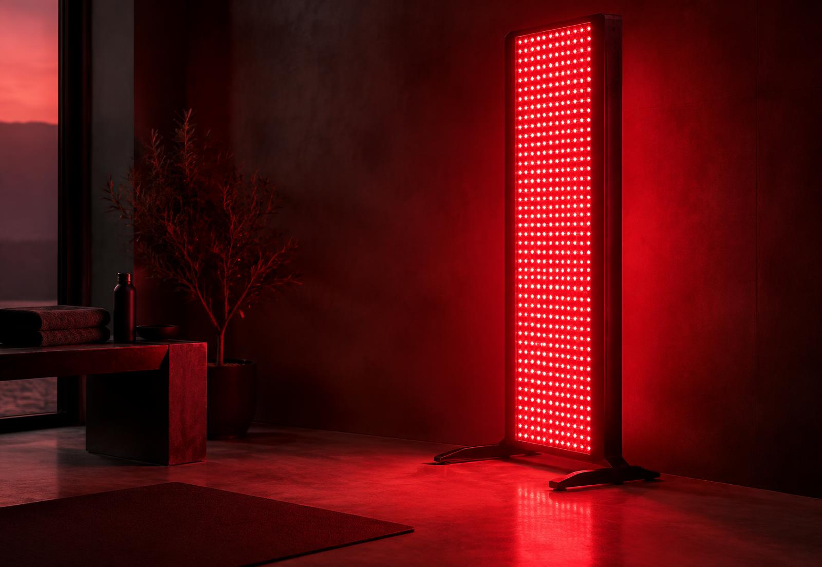 Lumora full-body red light therapy panel glowing in a dark studio